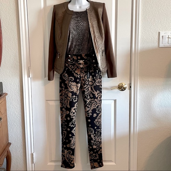 Peter Nygard Bronze Leather & Knit Zip Front Jacket w/ Zipper Pockets - Picture 3 of 11